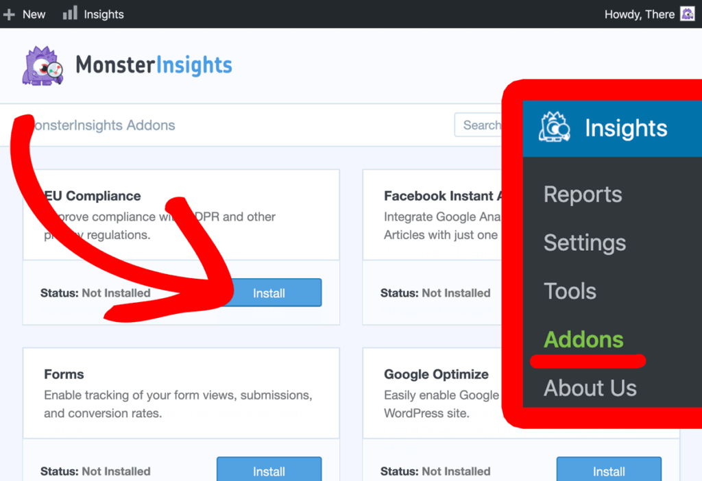 installare monsterinsights eu compliance addon su sito web